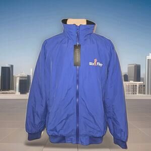NWT! Six Flags Blue Nylon Windbreaker Full Zip Fleece Linned Jacket MEDIUM